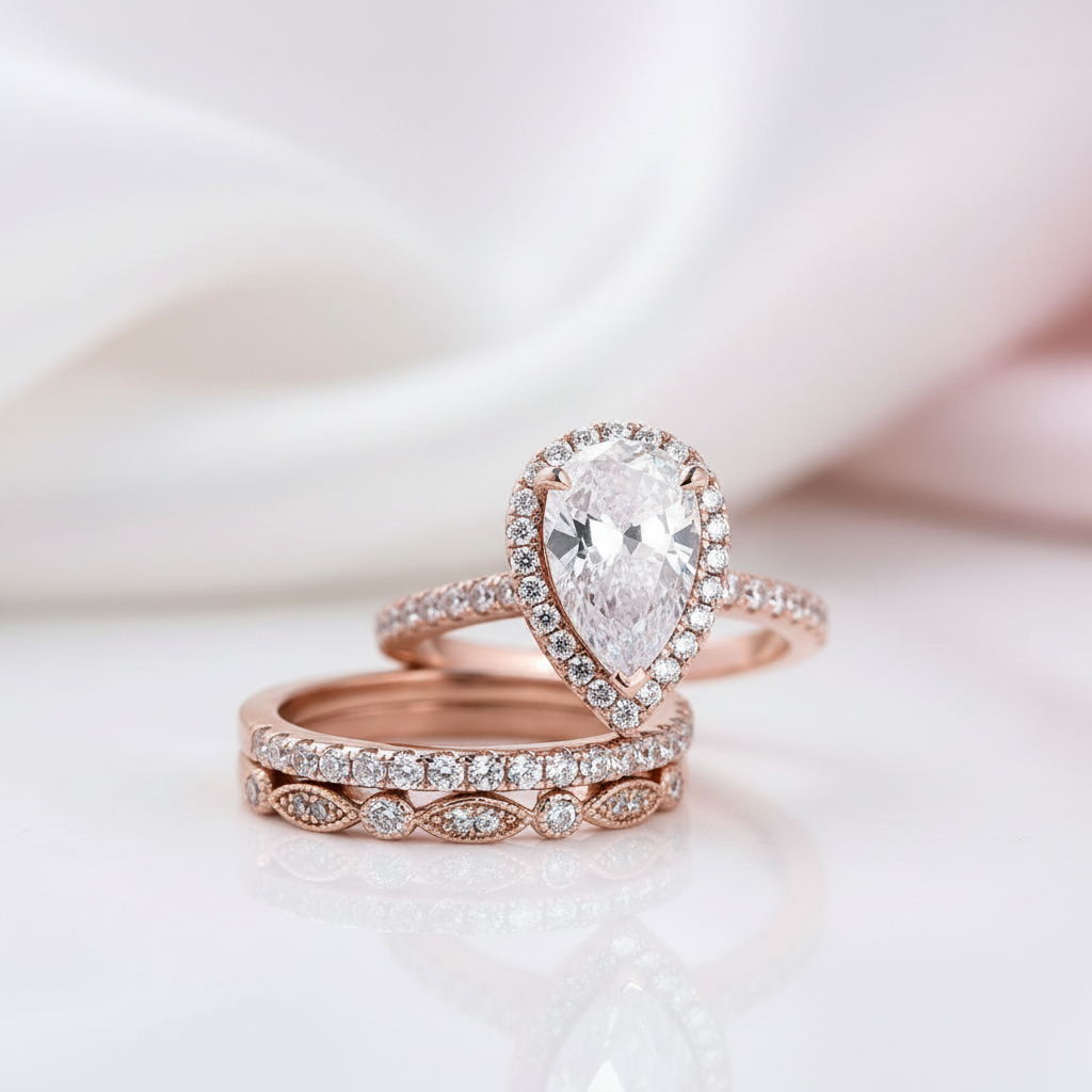 10k Rose Gold Halo Pear Cut Diamond Option 3pcs Wedding Ring Set 10k Rose Gold Halo Pear Cut Diamond Option 3pcs Wedding Ring Set