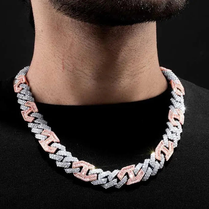 15MM Prong Baguette Curb Chain in White&Rose Gold