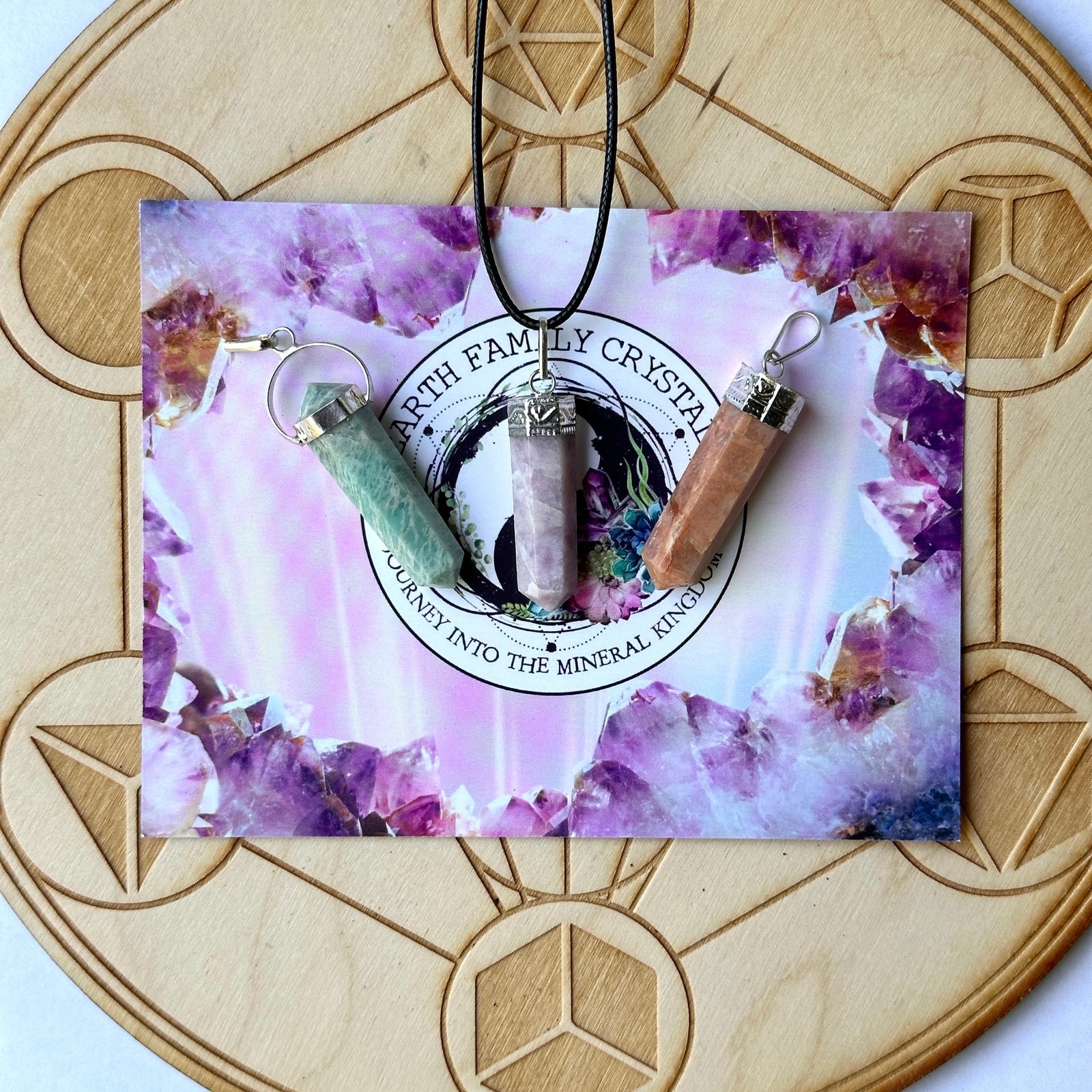 3 Piece Gemstone Pendant Set with Necklace Cord~ Lilac Lepidolite, Peach Moonstone, Amazonite 3 Piece Gemstone Pendant Set with Necklace Cord~ Lilac Lepidolite, Peach Moonstone, Amazonite