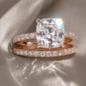 3.0ct Cushion Cut Rose Gold Clear Sapphire Wedding Ring Set