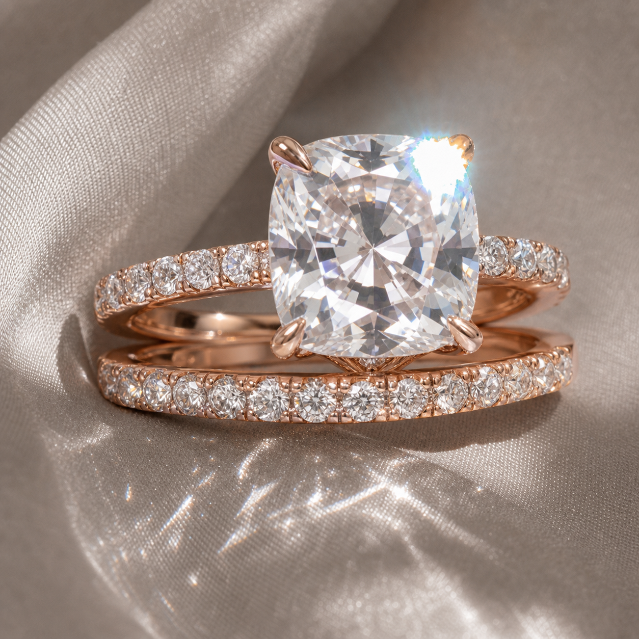 3.0ct Cushion Cut Rose Gold Clear Sapphire Wedding Ring Set