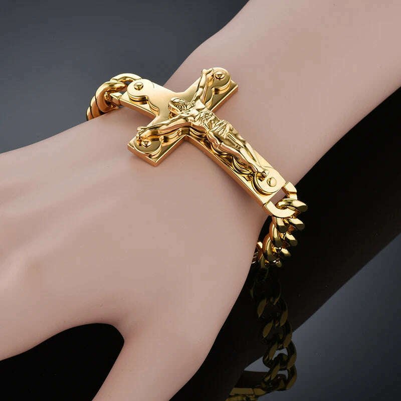 316L Stainless Steel Bracelet Jesus Cross Chain Link For Men Luxury Edition — Gold | KIMLUD