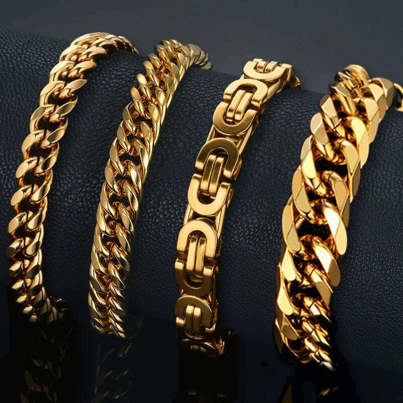 316L Stainless Steel Cuban Link Bracelet Sculpted Finish For Men — Gold | KIMLUD 316L Stainless Steel Cuban Link Bracelet Sculpted Finish For Men — Gold | KIMLUD