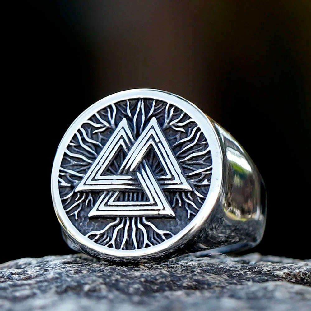 316L Stainless Steel Ring Viking Valknut — Silver | KIMLUD