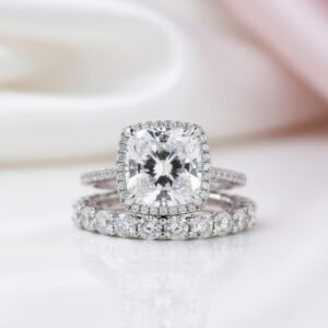 3.2 Carat Cushion Cut Halo Wedding Set