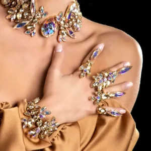 AB Crystal Jewelry Set Necklace Ring Bracelet — Gold | KIMLUD