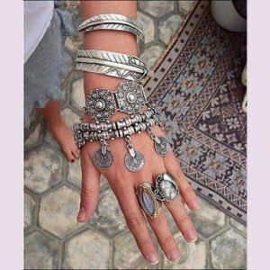 Acrylic Bracelet Retro Ethnic Coins Vintage Boho Statement Ornament With Moonlit Shine — Silver | KIMLUD