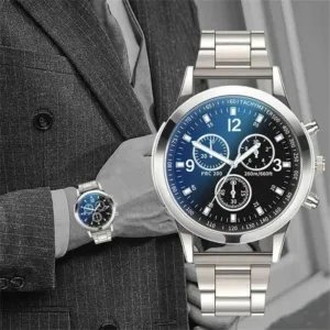Alloy Round Watch For Men Luxury Timepiece With Luminous Dial And Sculpted Bracelet — Blue | KIMLUD
