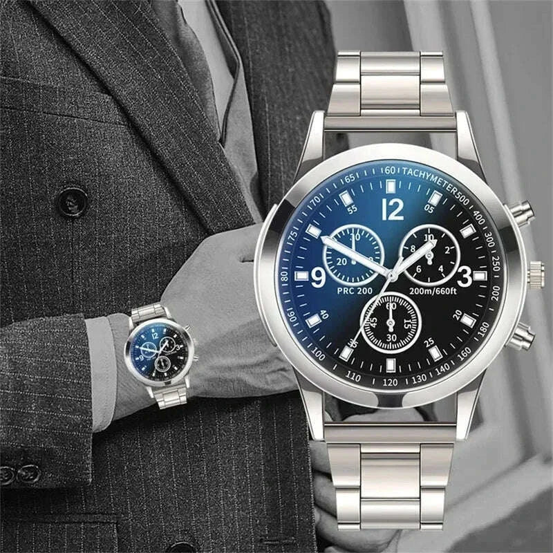 Alloy Round Watch For Men Luxury Timepiece With Luminous Dial And Sculpted Bracelet — Blue | KIMLUD