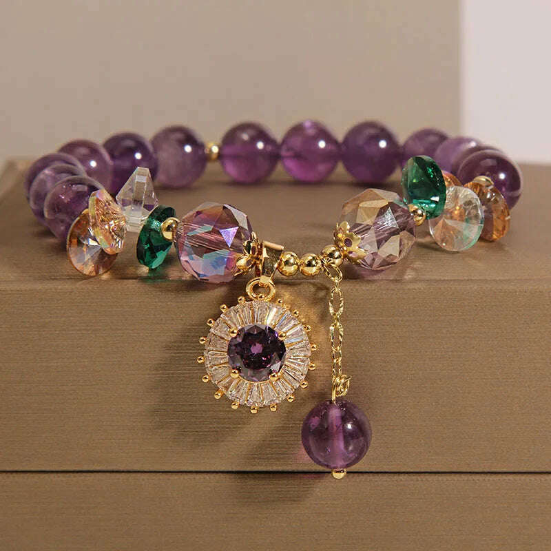 Amethyst Beaded Bracelet Cat Pendant — Purple | KIMLUD