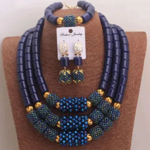 Artificial Coral Beads Jewelry Set Three-Layer Necklace — Navy | KIMLUD