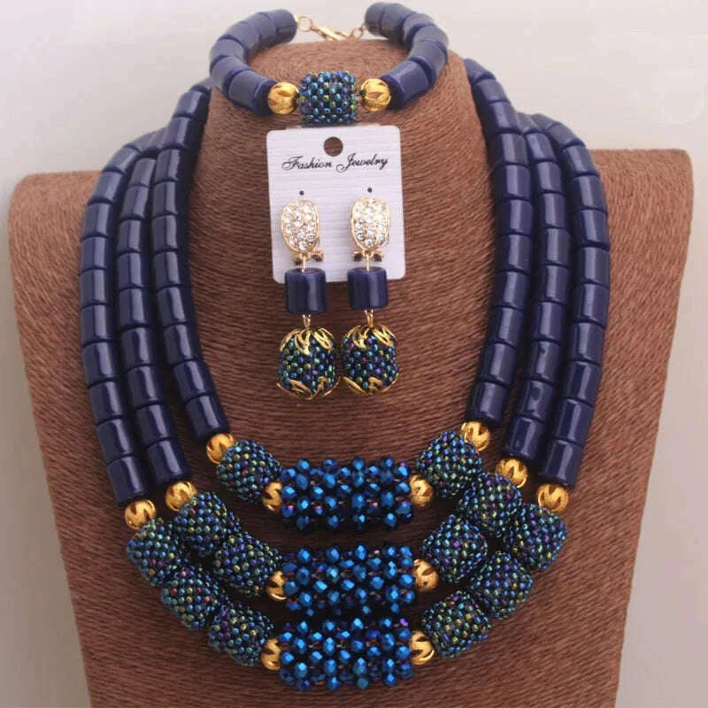 Artificial Coral Beads Jewelry Set Three-Layer Necklace — Navy | KIMLUD