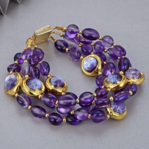Beaded Amethyst Murano Glass Bracelet With Four-Row Beads And Electroplated Edge — Purple | KIMLUD