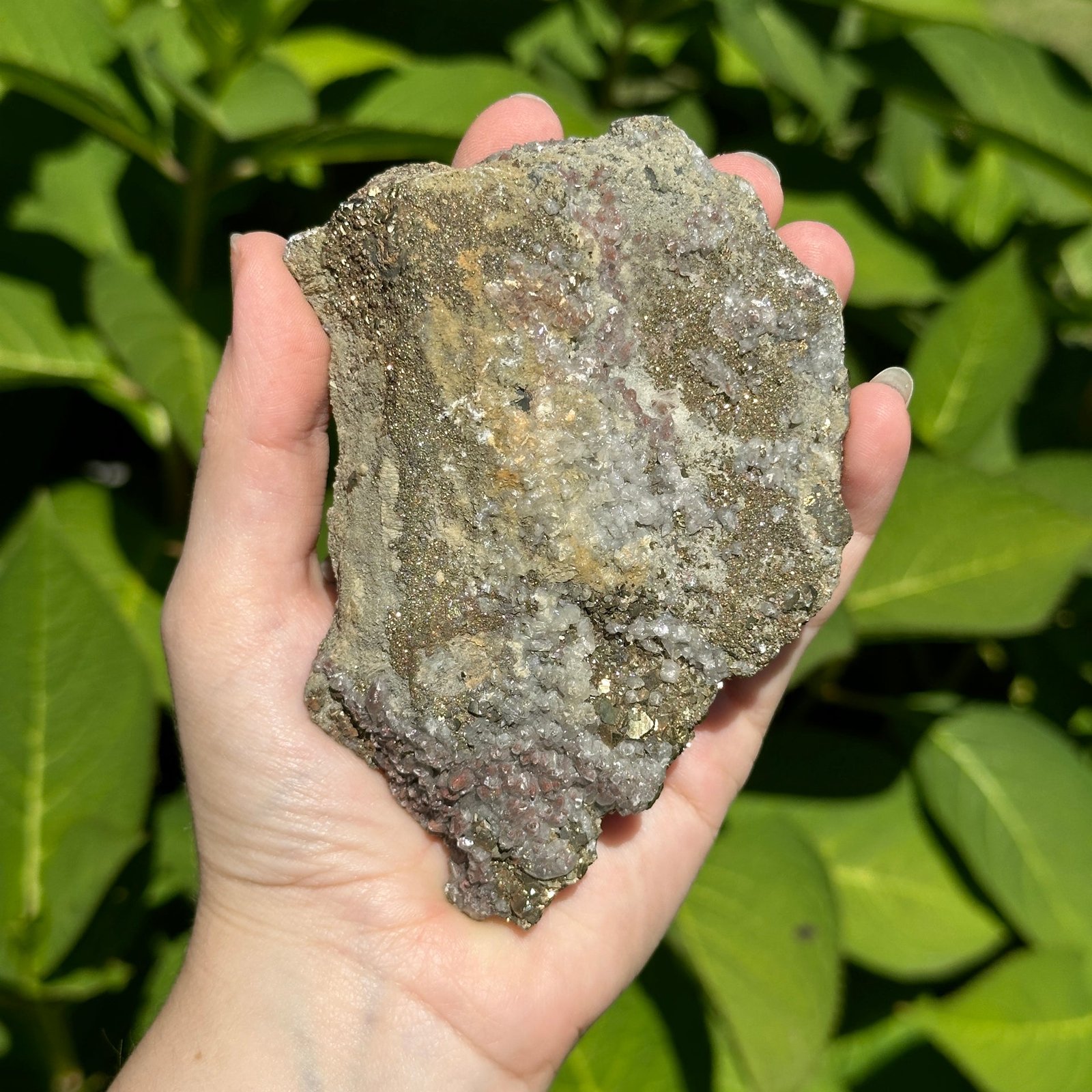 Beautiful Golden Pyrite Caked Calcite Specimen With Red Hematoid Inclusions