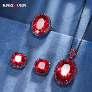 Blood Ruby Jewelry Set Necklace Pendant Ring Earrings — Crimson | KIMLUD