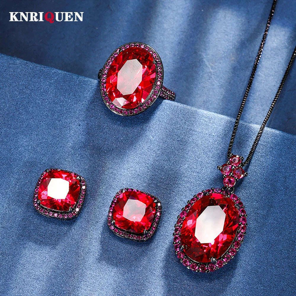 Blood Ruby Jewelry Set Necklace Pendant Ring Earrings — Crimson | KIMLUD