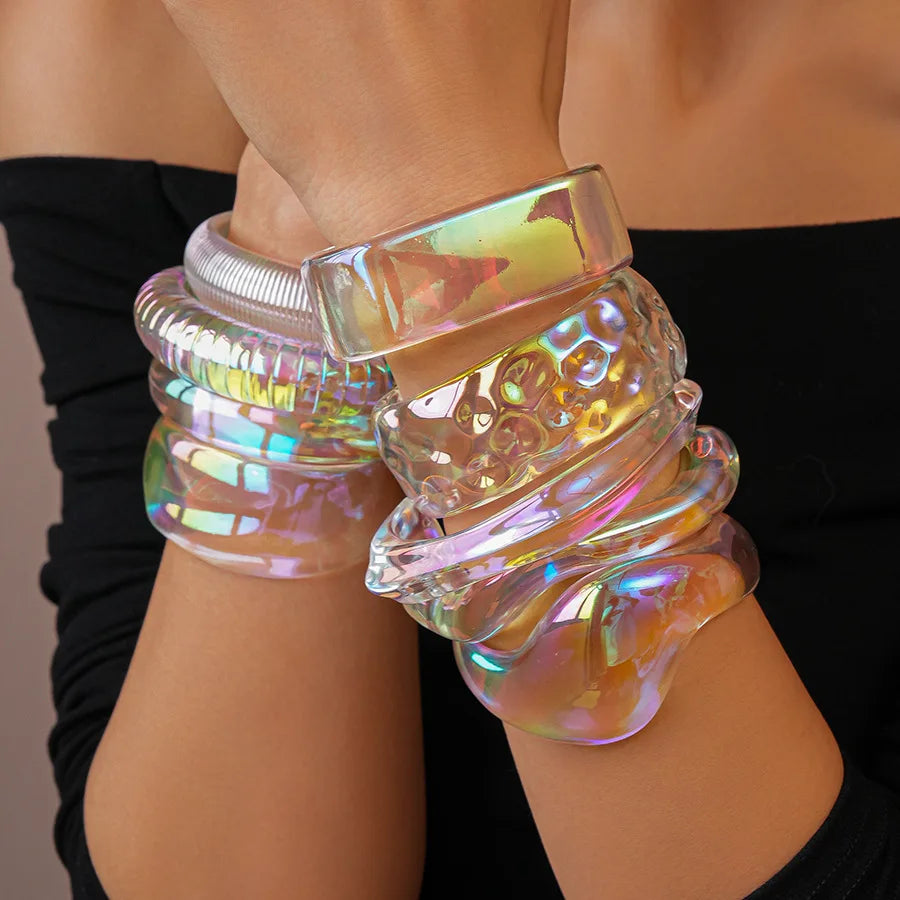 Bohemia Transparent Colorful Acrylic Opening Bangle for Women Irregular Large Wide Cuff Bracelet New Trend Couple Jewelry F