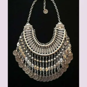 Bohemian Afghan Collar Jewelry Set Tassel Coin — Gold with Silver Accents | KIMLUD