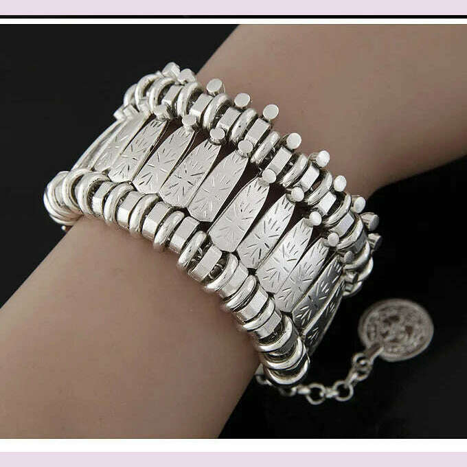 Bohemian Metal Coin Bracelet Floral Filigree — Silver | KIMLUD