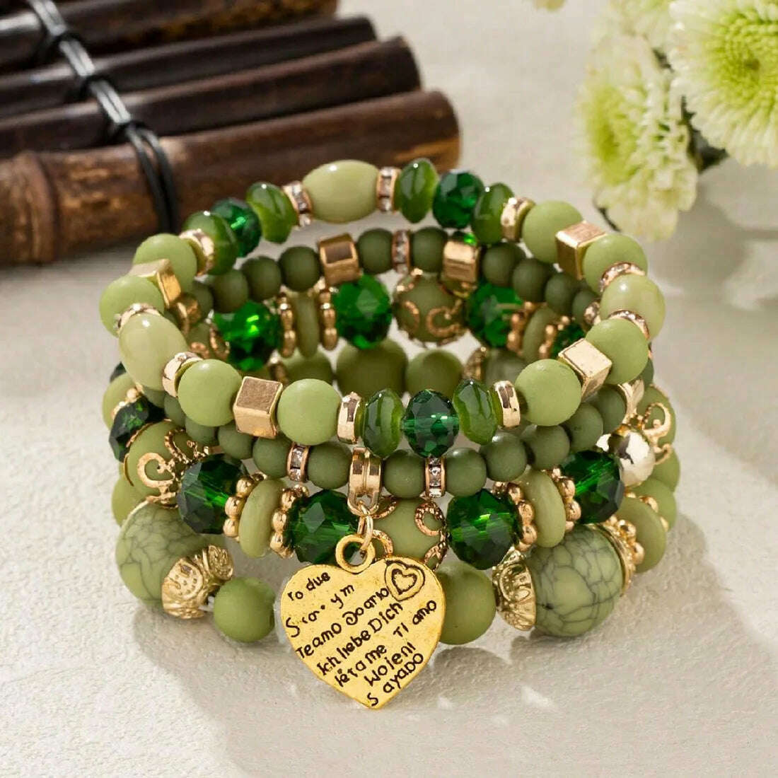 Boho Crystal Bracelet Set Heart Beads — Crystal | Kimlud