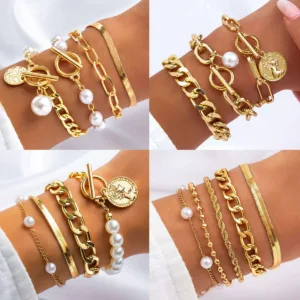Boho Pearl Chain Coin Pendant Bracelet Set — White | KIMLUD