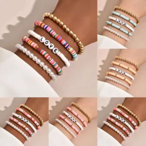 Clay Beaded Bracelet Stackable Love Letter — Multicolor | KIMLUD