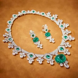 Copper Zircon Jewelry Set Necklace And Earrings — Emerald Green | KIMLUD