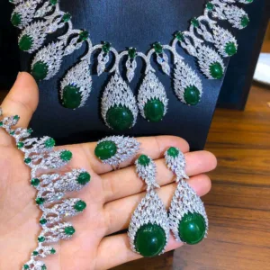Crystal Bridal Jewelry Set Earrings Necklace — Emerald Green | KIMLUD
