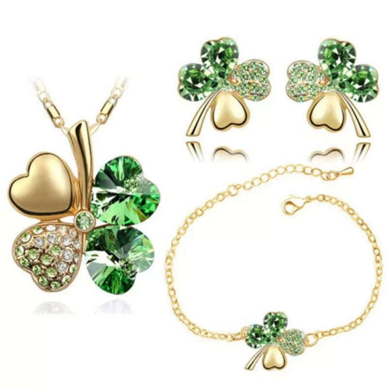 Crystal Clover Heart Jewelry Set Necklace, Earrings, Bracelet — Crystal | KIMLUD Crystal Clover Heart Jewelry Set Necklace, Earrings, Bracelet — Crystal | KIMLUD