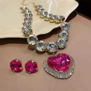 Crystal Jewelry Set Heart Earring Necklace — Rose Red | KIMLUD