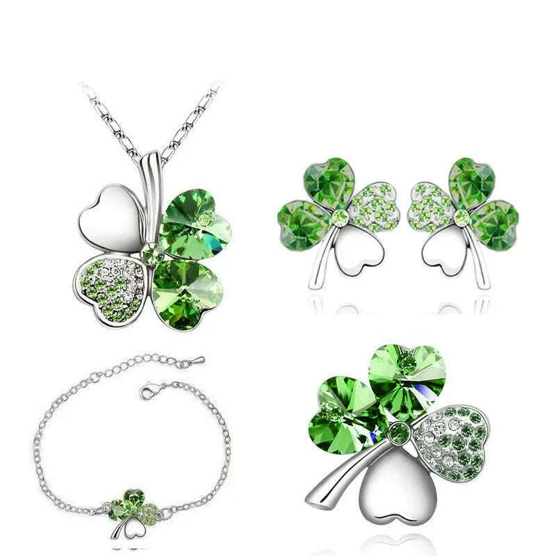 Crystal Jewelry Set With Four-Leaf Clover Charms — Crystal | KIMLUD