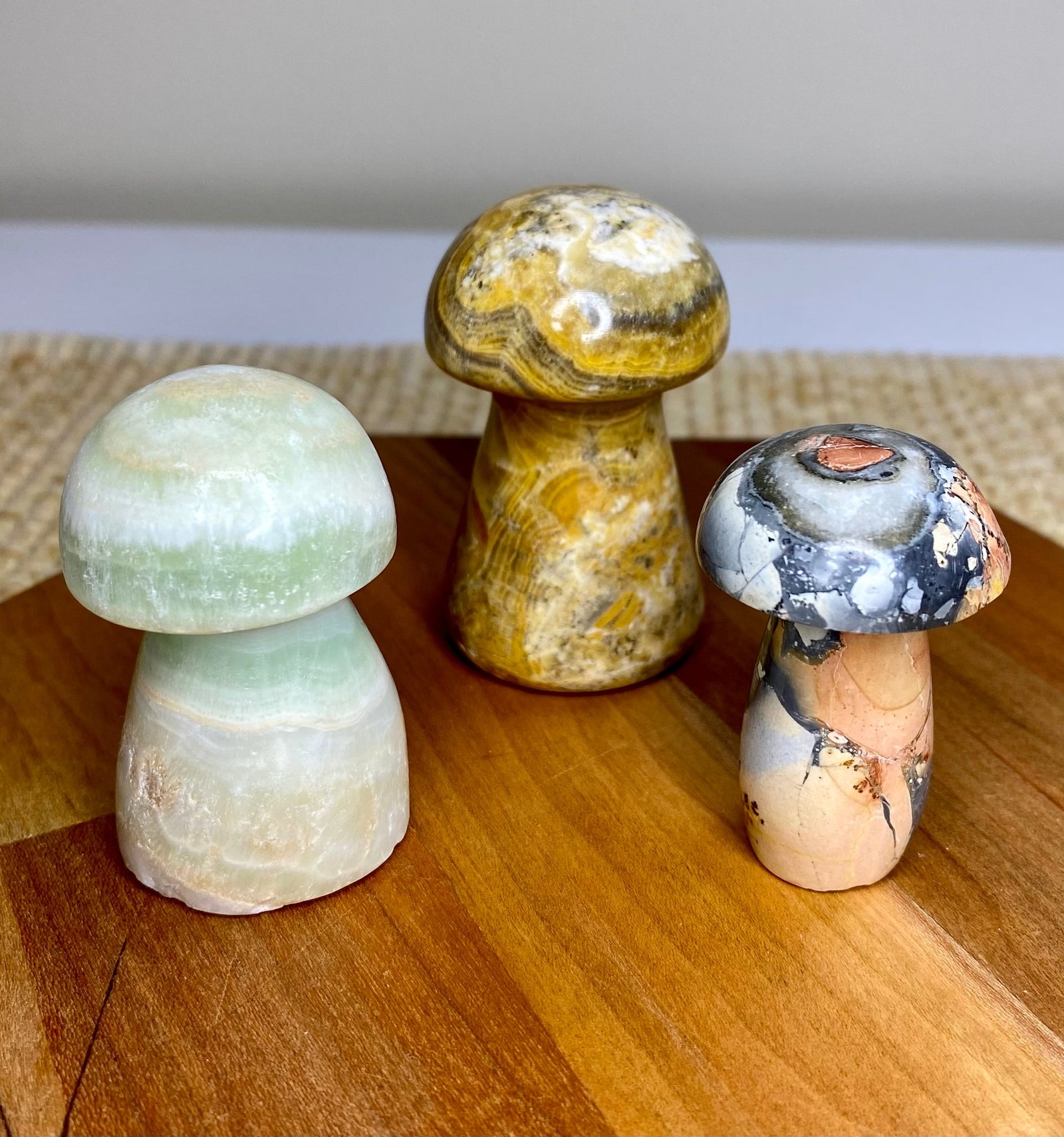 Crystal Mushroom Carving Set of Three- Brown Calcite, Caribbean Calcite and Howlite Jasper