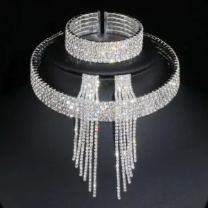 Crystal Tassel Bridal Jewelry Set Necklace Earrings Bracelet With Rhinestones — Crystal Clear | KIMLUD