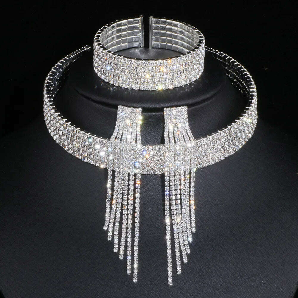Crystal Tassel Bridal Jewelry Set Necklace Earrings Bracelet With Rhinestones — Crystal Clear | KIMLUD