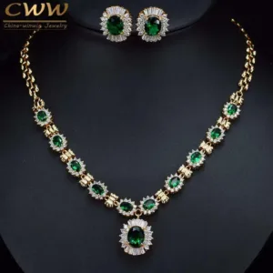 Cubic Zirconia Gold-Tone Indian Wedding Jewelry Set Necklace and Earrings — Green | KIMLUD