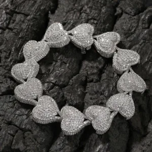 Cubic Zirconia Heavy Heart Bracelet Micro Paved Link — Silver | KIMLUD