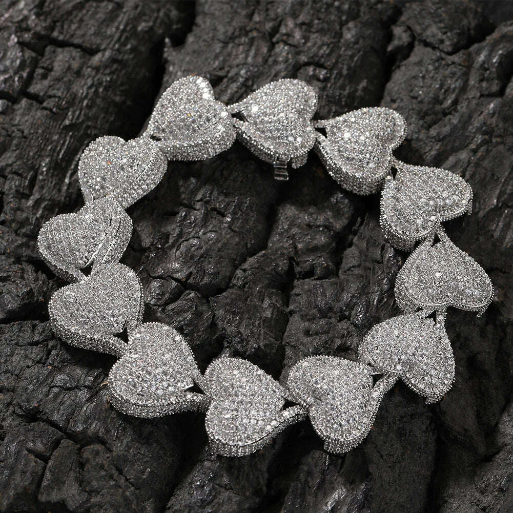 Cubic Zirconia Heavy Heart Bracelet Micro Paved Link — Silver | KIMLUD