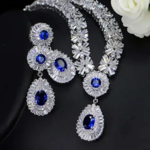 Cubic Zirconia Silver Bridal Jewelry Set Water-Drop Silhouettes — Blue | KIMLUD
