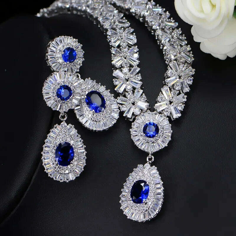 Cubic Zirconia Silver Bridal Jewelry Set Water-Drop Silhouettes — Blue | KIMLUD