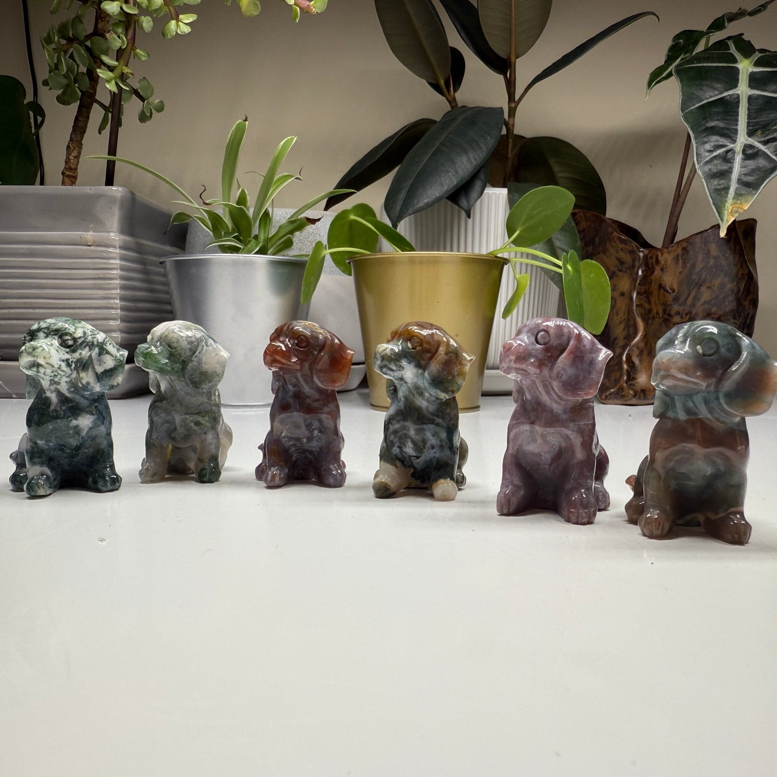Cute Moss Agate Puppy Crystal Carvings