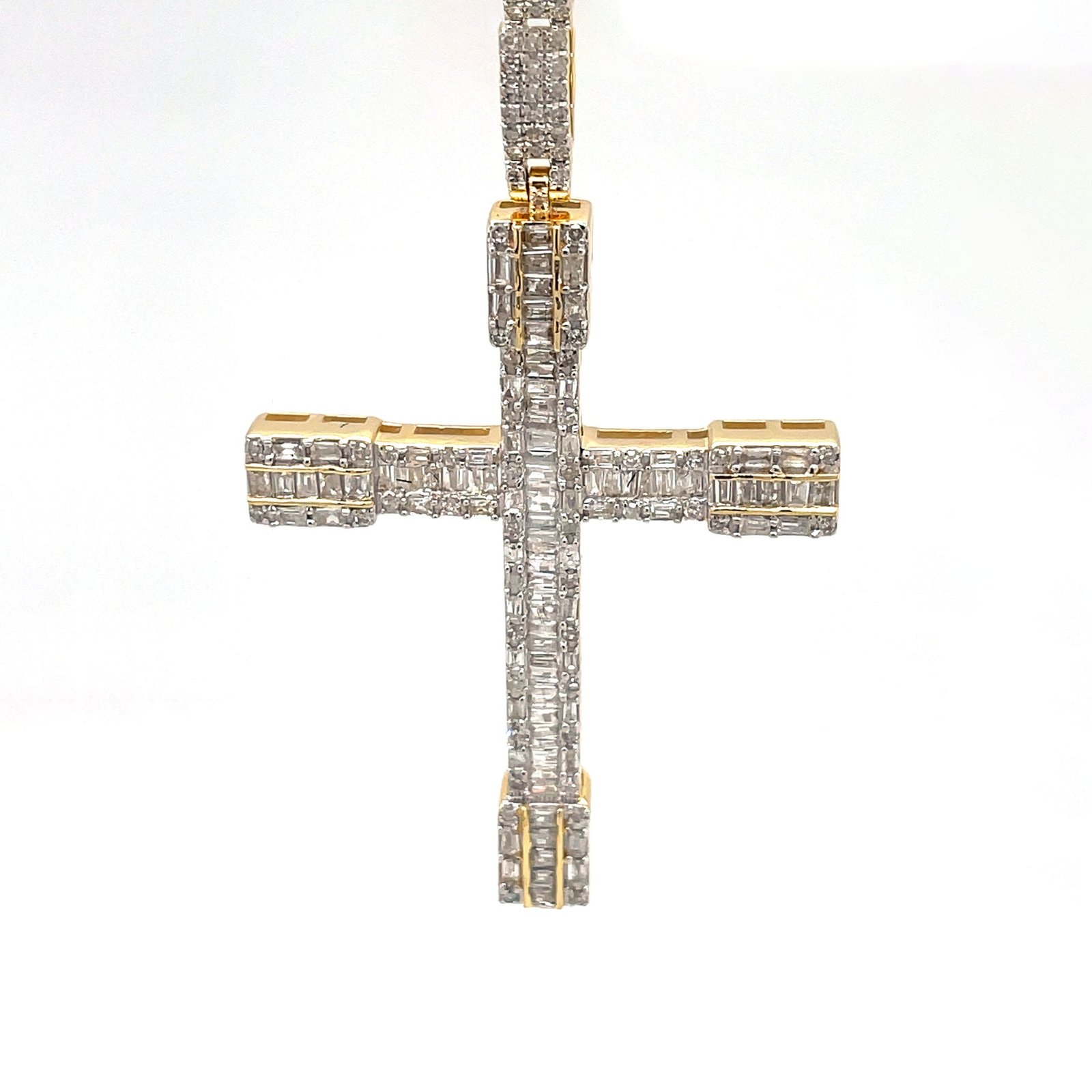 Diamond Cross Pendant – 1.20 Carats, Round and Baguette Cut in 10KT Yellow Gold