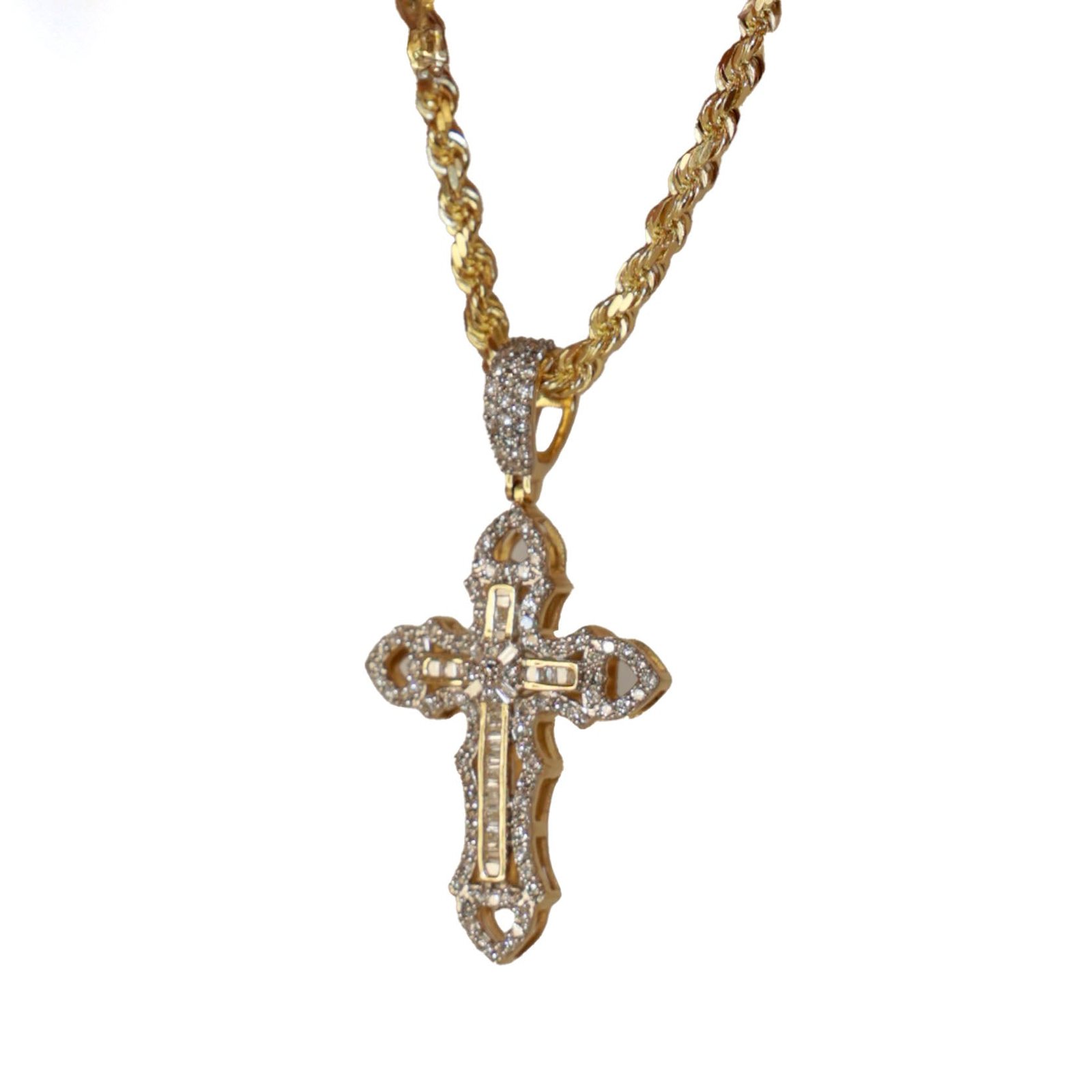 Diamond Cross Pendant – Baguette and Round Cut 1.53 Carats in 10KT Yellow Gold