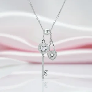 Diamond Option Heart Lock & Key Pendant Necklace