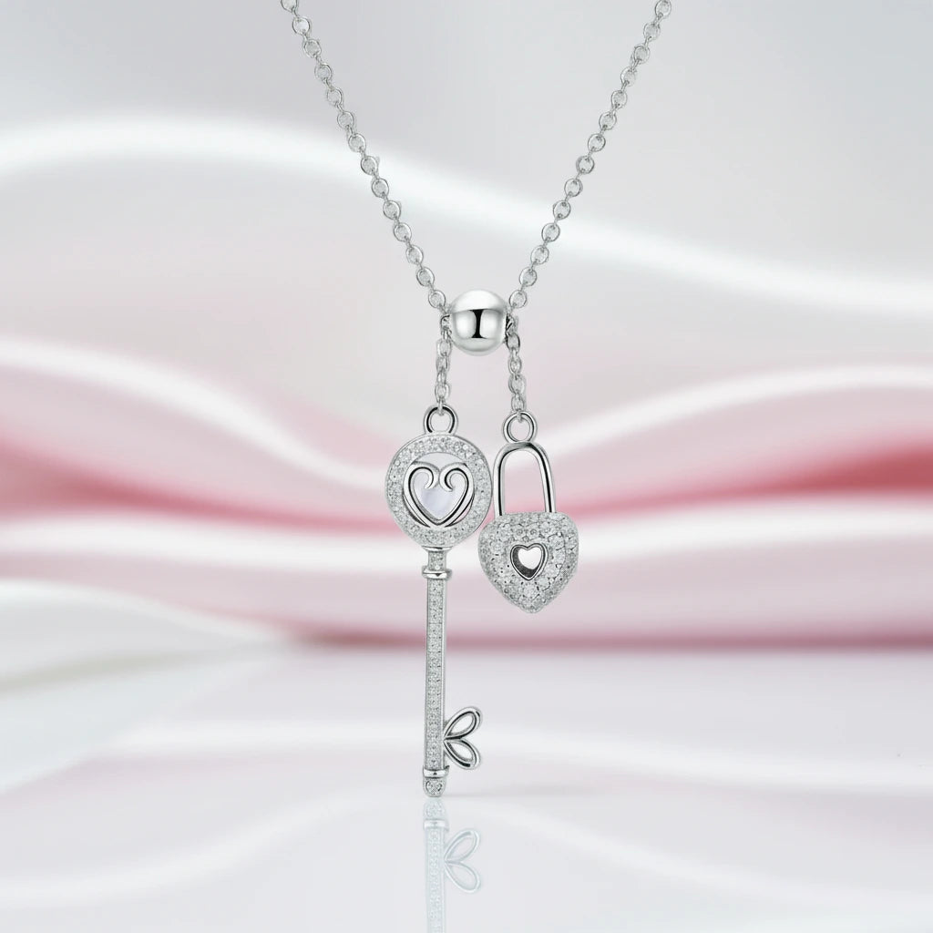 Diamond Option Heart Lock & Key Pendant Necklace Diamond Option Heart Lock & Key Pendant Necklace