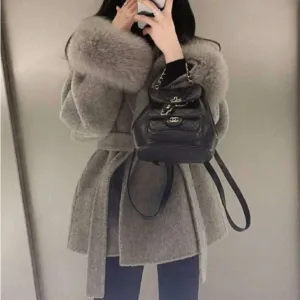 Double-Sided Wool Fur Coat With Removable Fox Fur Cuffs And Cashmere Lining — Slate Grey | KIMLUD