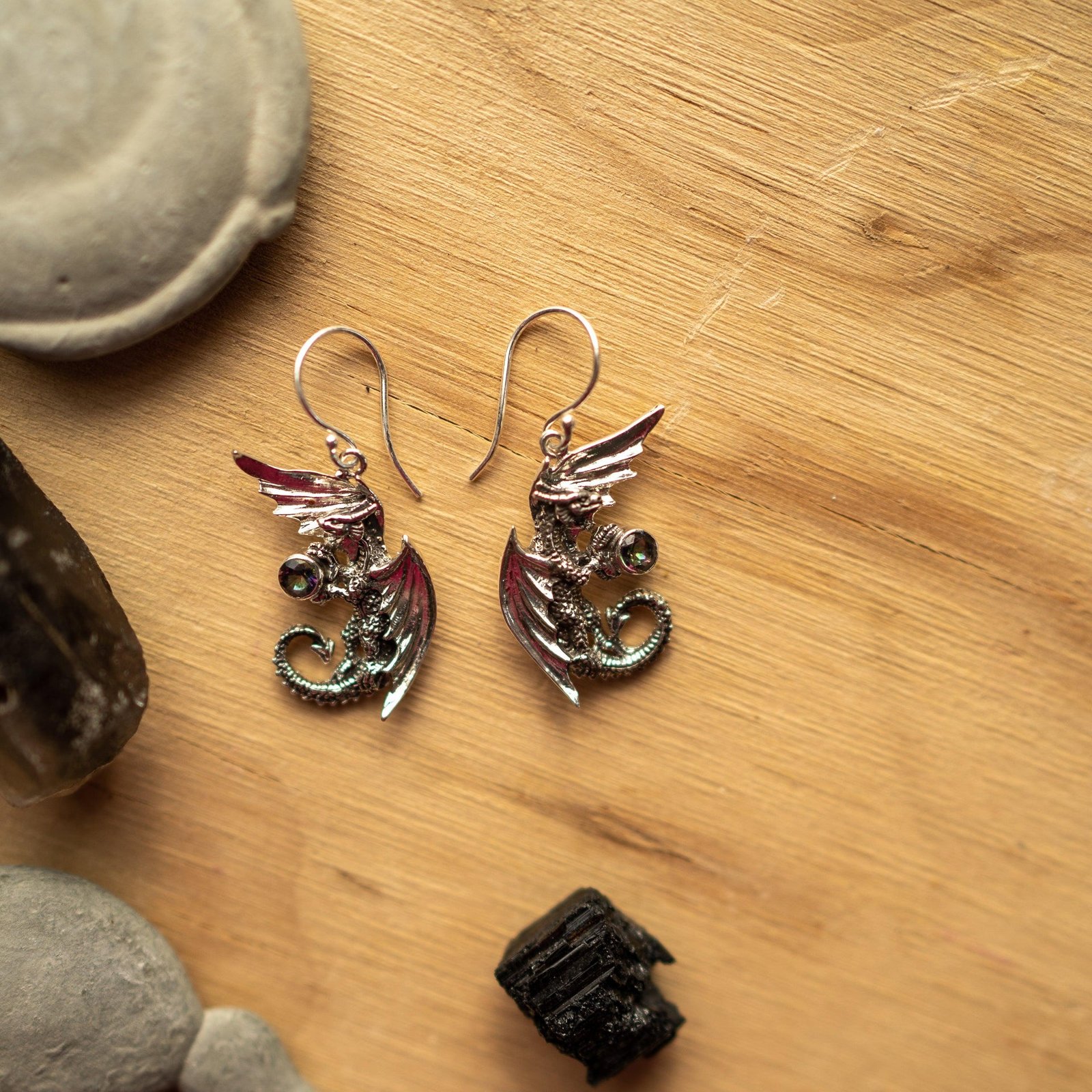 Dragon Earrings with Mystic Topaz~ Sterling Silver