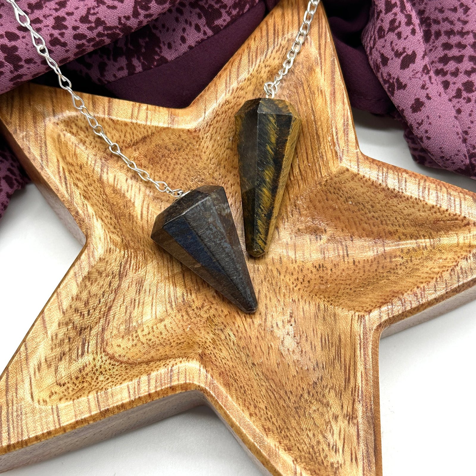 Earth and Wood ~ Grounding Set of Two Gemstone Tapered Pendulums ~ Tiger’s Eye and Bronzite