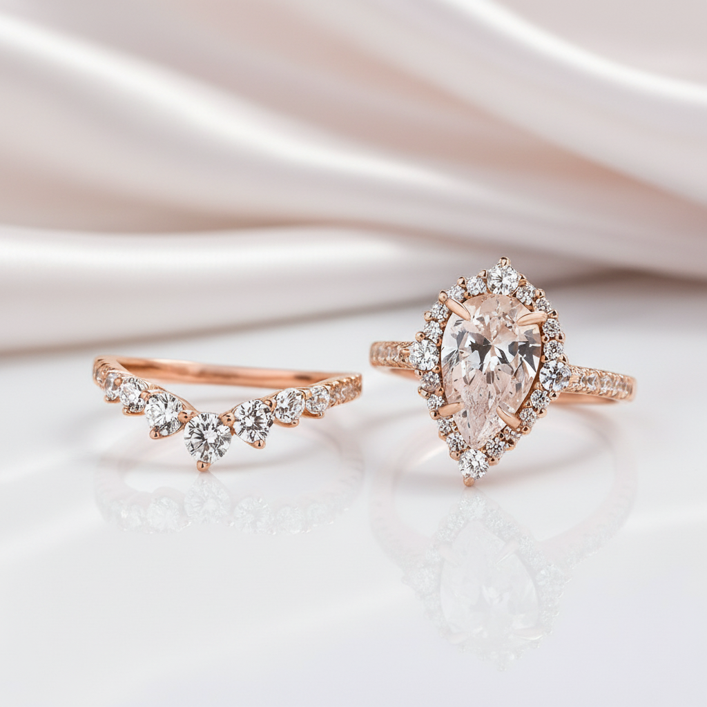 Elegant Rose Gold 2.2 Carat Halo Pear Cut Bridal Ring Set