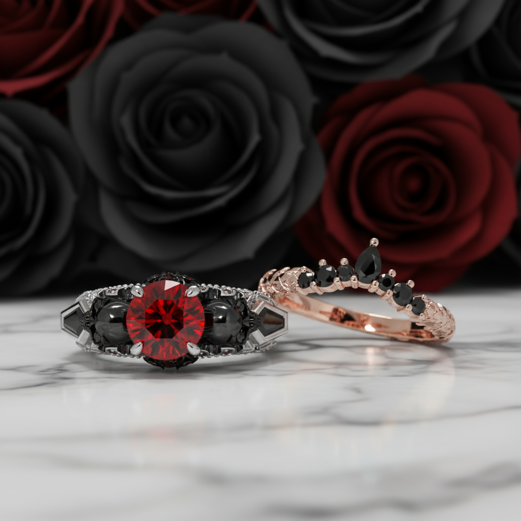 Eternal Flame- Round Cut Diamond Option Coffin Wedding Ring Set Eternal Flame- Round Cut Diamond Option Coffin Wedding Ring Set