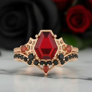 Eternal Vows Ring Set- Spider Web Coffin Cut Diamond Option Wedding Rings
